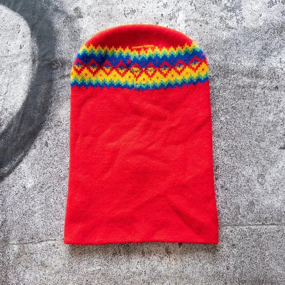 Vintage 70s 80s Knit Balaclava Ski‎ Mask Red Rainbow Fair Isle Pattern